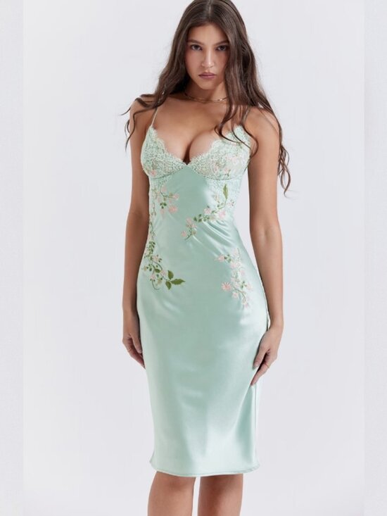 House of CB Dresses & Skirts - House of CB Fallon Light Jade Embroidered Satin Slip Dress